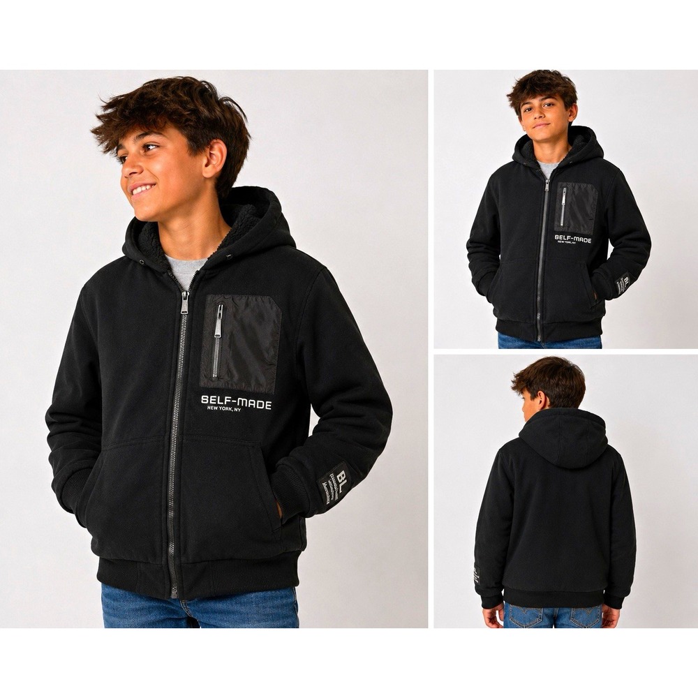 Brooklyn Laundry Boys L 14/16 Black Sherpa Lined Hooded Jacket Self Made